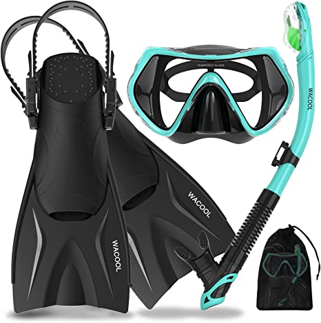 WACOOL Adults Child Teens Snorkeling Snorkel Scuba Diving Package Set Gear with Adjustable Short Swim Fins Anti-Fog Coated Glass Silicon Mouth Piece Purge Valve (Malachite Green/S-M)