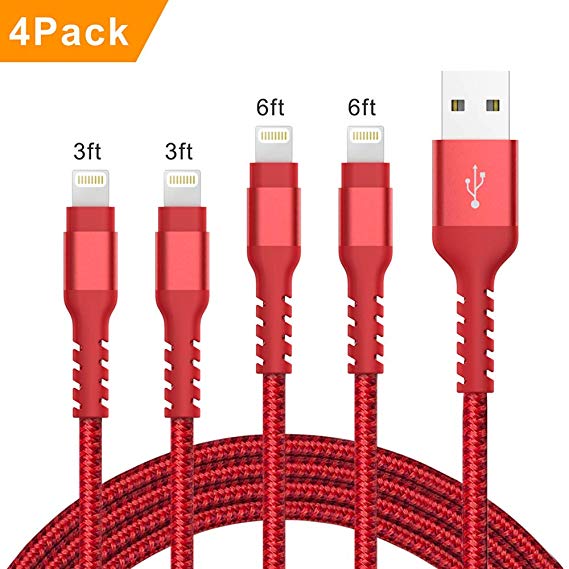 Mozzvas 4Pack [2x3Ft 2x6Ft] Nylon Braided Charger Cable Data Syncing and Charging Cord Compatible for iPhone X, 8, 7, 7 Plus, 6, 6s, 6 Plus, 5, 5c, 5s, SE, iPad, iPod Nano, Touch (Red)