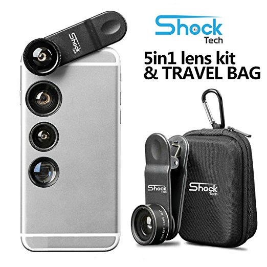 Shock Tech 5 in 1 Clip On Cell Phone HD Camera Lens Kit for iPhone 8 7 6/6S 6S Plus, Samsung Galaxy S9 S8 S7 S6/S6 Edge, Most Smartphones and Tablets | Telephoto, Fish Eye, Wide Angle, CPL, Macro