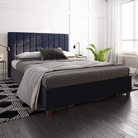 DHP Emily Upholstered Linen Platform Bed with Wooden Slat Support, Tufted Headboard, Full Size - Blue