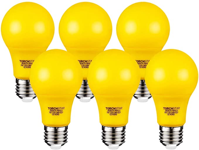 TORCHSTAR 7W Yellow LED A19 Colored Light Bulb, E26/E27 Base, for Porch, Patio, Backyard, Entry Way Bug Free Lights, 30,000hrs, Pack of 6
