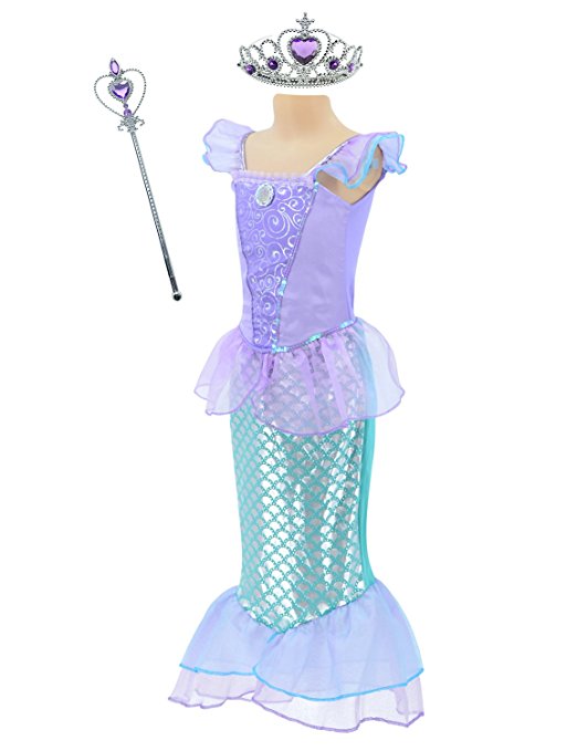 Little Mermaid Princess Ariel Costume for Girls Dress Up Party with Crown Mace 4-12 years