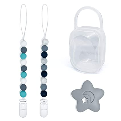Pacifier Teether Clips Silicone for Boy 2 Pack with Pacifier Case and Teether