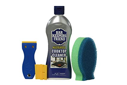 Bar Keepers Friend Ceramic & Glass Cooktop Cleaner 13 oz bottle | DishFish Dual Scrubber | BKF Flat-Surface Scraper w/Replacement Blades - Safe for Use on Glass Ceramic Cooking Surfaces, Copper, Brass