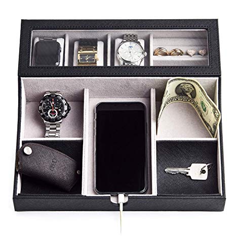 NEATOPA Valet Tray - Men Jewelry, Keys, Watch Nightstand Organizer For Perfect Life On Table  Valet Box Made of Black PU Leather, Velvet with Charging Station (10 Compartment)