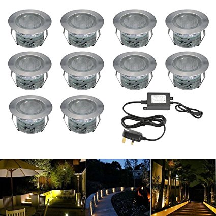 Pack of 10 Low Voltage LED Deck Lighting Kit Stainless Steel Waterproof Outdoor Landscape Garden Yard Patio Step Decoration Lamps LED In-ground Lights(Warm White)