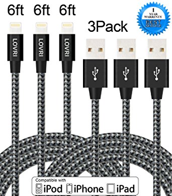 LOVRI 3pack 6ft Nylon Braided Charging Cable Cord 8Pin Lightning to USB Cable Charger Compatible with iPhone 7/ 7 Plus/6/6s/6 plus/6s plus, iPhone 5/5s/5c,iPad, iPod and More (Black Gray)