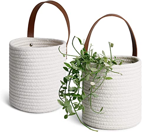 POTEY 710204 2pack Cotton Rope Woven Hanging Basket - 6.29 x 7.08 Medium Woven Fern Hanging Storage Basket Bin for Flower Plants Clothes, White(Plant NOT Included)