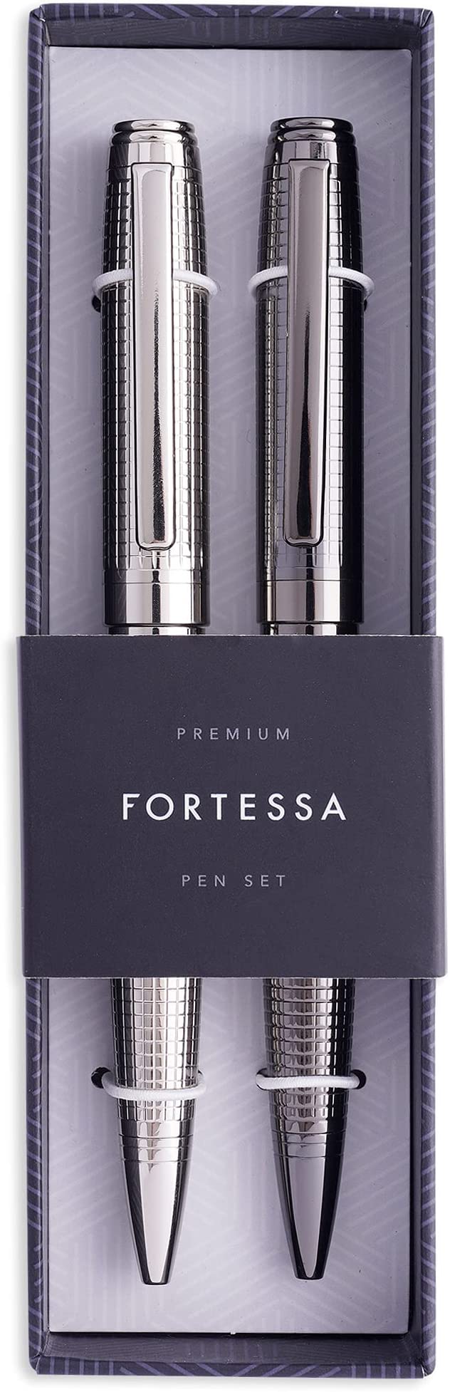 Fancy Pen Gift Set - Silver and Gunmetal Grey - Luxury Refillable Nice Pen Set with Black Ink, by Fortessa