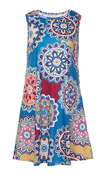 Demetory Women's Summer Floral Print Sleeveless Scoop Neck Tunic Dress with Pocket