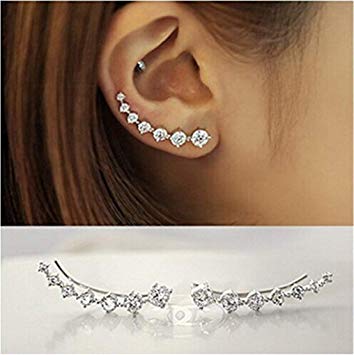 Yuren 7 Crystals Ear Cuffs Vines Climbers Wrap Pierced Pins Hook Earrings CZ Crystal (Silver)