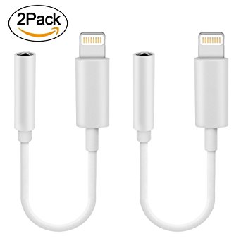 Headphone Adapter to 3.5mm earbuds Jack Adapter Earphone for iPhone 7 and 7 Plus Lightning Connection Converter (White) [2 Pack]