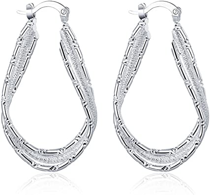 Acxico Fashion 925 Sterling Silver Flat U Shape Hoop Earrings for Women, Large