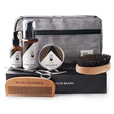 Beard Care Kit and Grooming Set with Travel Bag | Beard Reverence Beard Products| Barber Scissors for styling, Comb, Boar Bristle Brush, Beard Shampoo Wash, Balm, Unscented Oil Conditioner, Beard Gift