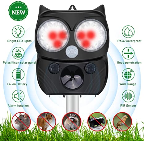 OUTERDO Solar Cat Repellent Ultrasonic Pet Animal Repeller Rechargeable Garden Flashing Light pest repeller,Motion Sensor and Waterproof-USB/Solar Battery Operated