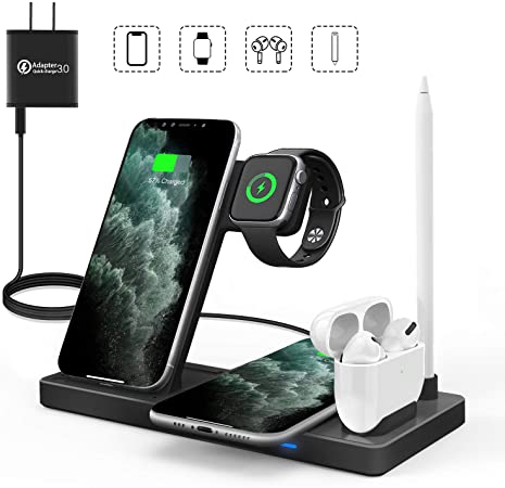 WAITIEE Updated Version,Wireless Charger 5 in 1,Qi Wireless Charging Station for Apple Watch Series 5/4/3/2/1& AirPods3/2/1 & Pencil & iPhone 11/11 Pro Max/XR/XS Max/Xs/X/8/8P(Black)