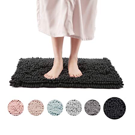 Freshmint Chenille Bath Rugs Extra Soft and Absorbent Microfiber Shag Rug, Non-Slip Runner Carpet for Tub Bathroom Shower Mat, Machine-Washable Durable Thick Area Rugs (16.5" x 24", Black)