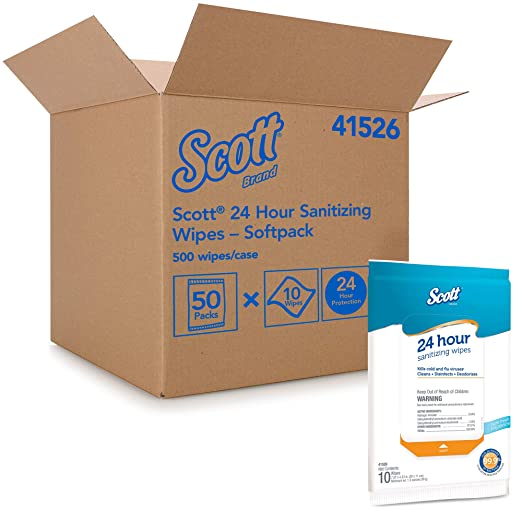 Scott 24 Hour Sanitizing Wipes (41526), Softpack, White, 10 Wipes/Softpack, 50 Softpacks/Case, 500 Wipes/Case