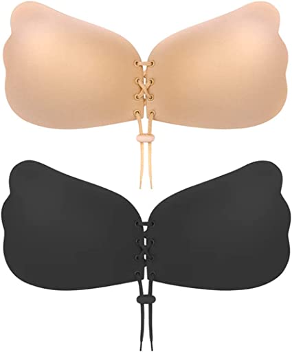 MITALOO Sticky Push Up Adhesive Invisible Backless Bra Magic Nipple Covers Strapless Bra, Beige-black, X-Small