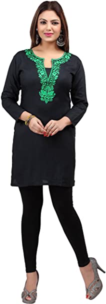 Maple Clothing Rayon Black Embroidered Women's Indian Kurti Tunic Top Blouse