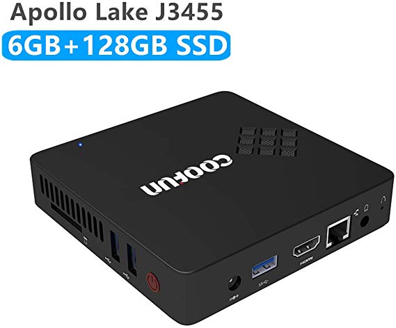 COOFUN Desktop Mini PC Intel Apollo Lake Celeron J3455 Processor (up to 2.3GHz),6G DDR3/SSD 128GB Windows 10 Pro HDMI&VGA Display 2.4G 5G Dual WiFi USB 3.0/BT 4.2 Support Linux, WOL and PXE Boot