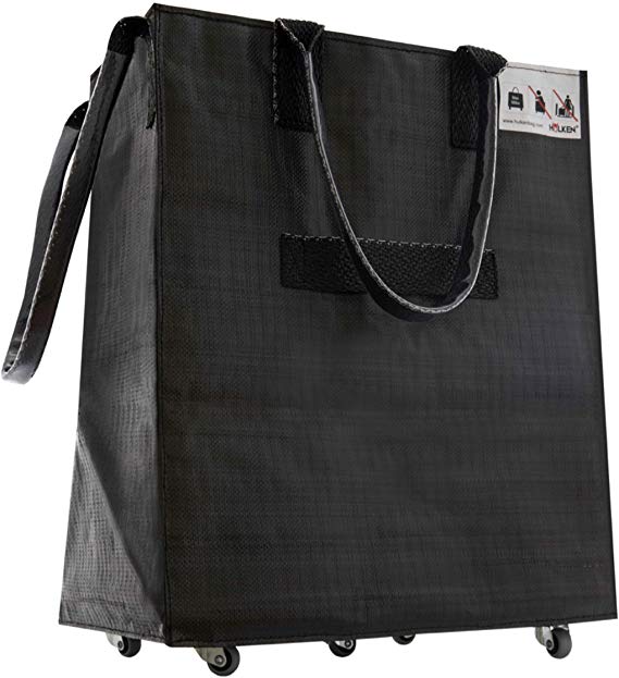 HULKEN - (Single Large, Matt Black) Grocery Bag On Wheels, Shopping Trolley, Lightweight, Carries Up To 66 lb, Folds Flat, 3 Built-In Handles