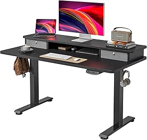 Cubiker Electric Standing Desk with Double Drawers, 40x24 Inch Height Adjustable Sit Stand Desk with Storage Shelf, Home Office Computer Workstation, Black