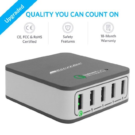 SUPEREX® 40W 8A 5V 5 Port USB Smart Wall Travel Charger Charging Station Hub with Quick Charge 2.0 Technology [qualcomm certified] - Grey
