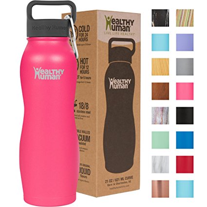Healthy Human Curve Water Bottles - Cold 24 Hours Hot 12 Hours. Stainless Steel Double Walled Vacuum Insulated Thermos Flask with Carabiner & Hydro Guide
