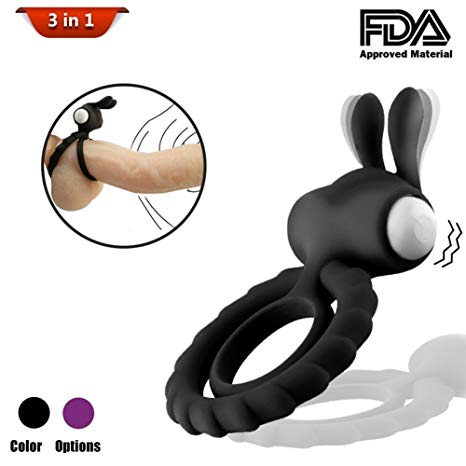 Vibrating Silicone Cock Ring, Pleasure Enhancing Waterproof Rabbit Shape Penis Rings Sex Toy for Male Or Couples (Black)