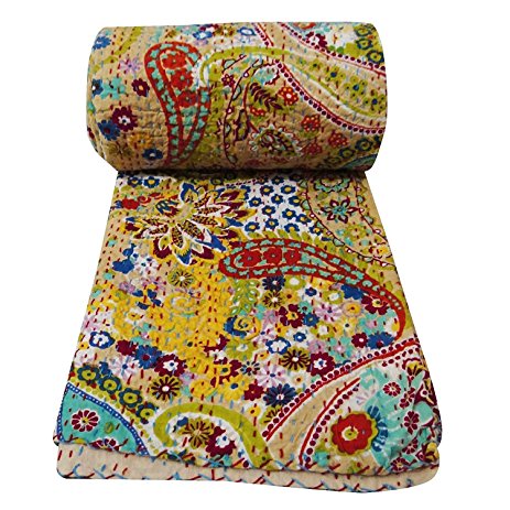 Marubhumi Indian Cotton Kantha Quilt Bedspread Twin size Floral Print Kantha Stitch, 60 X 90 inches