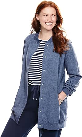 Woman Within Plus Size Fleece Baseball Jacket Long Oversized Fleece Coat