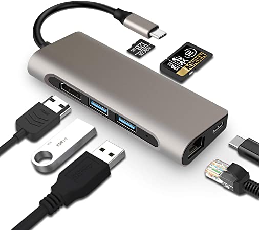 USB C Hub, BULESK 7-in-1 Type C Hub with 4K USB C to HDMI, Ethernet Port, 2 USB 3.0 Ports, SD/TF Card Reader, USB-C Power Delivery, Portable for Mac Pro and More Type C Devices - Grey