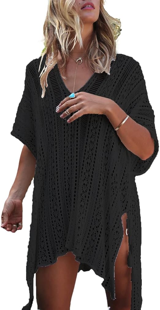 Bsubseach Crochet Dress Beach Cover Up Women Short Sleeve Hollow Out Knitted Beachwear