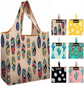 Reusable Grocery Shopping Tote Bags Foldable into Attached Pouch Durable Light Weight Flat Bottom