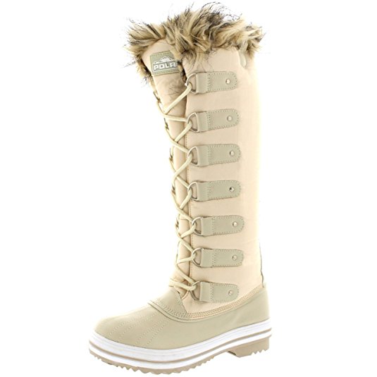 Womens Lace Up Rubber Sole Knee High Winter Snow Rain Shoe Boots