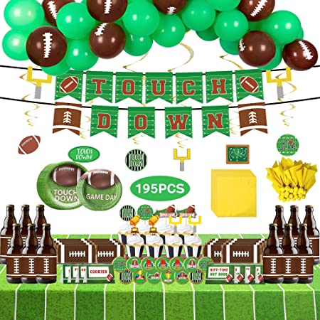 FUNPARTY Superbowl Party Supplies, 158 Pcs Football Party Decorations - Balloons, Plates, Cupcake Toppers, Napkins, Bottle Lables, Stickers, Food Tents Signs, Banner, Tablecloth,Swril Decorations
