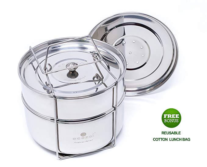 Ecozoi Premium Food Steamer Pot In Pot Insert Pans for 6, 8 Quart Instant Pot Accessories & Pressure Cookers - 2 Tier | Stackable PIP | Extra Deep | Interchangeble Lids   BONUS Reusable Lunch Bag