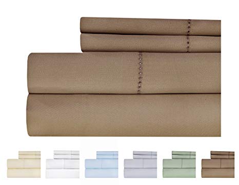 Weavely Hemstitch Bedsheet 500 Thread Count 100% Cotton Twin Sheet Set, 3-Piece Bedding Set, Elastic Deep Pocket Fitted Sheet - Taupe