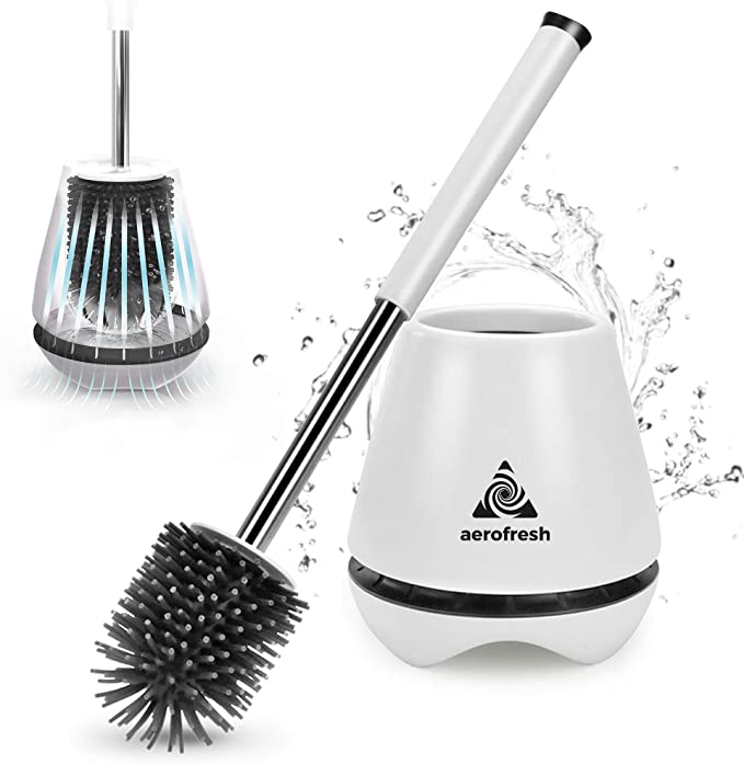 AEROFRESH Toilet brush and holder set - TPR Silicone toilet cleaner brush with hygienic quick drying holder - Stainless steel handle and rubber brush head - for cleaning bathroom toilets - White.