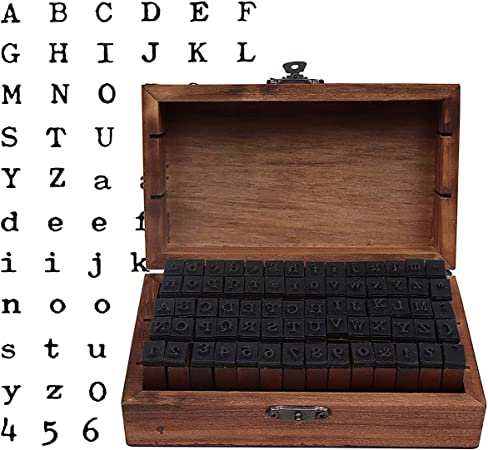 70 Piece Rubber Wooden Alphabet Wooden Ink Stamps Set with Storage Organiser Box by Kurtzy - Letters, Numbers and Punctuation - Complete Letter Stamp Set for Arts, Crafts, Card Making and More