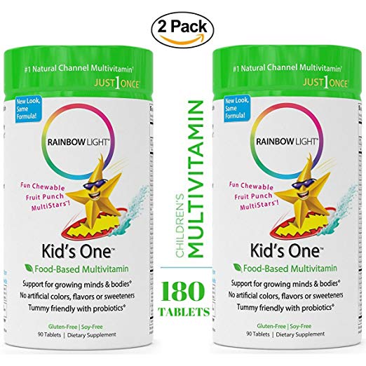 Rainbow Light Kid's One Food-Based Multivitamin 180 Tablets (2 Packs of 90) - Chewable Probiotic, Vitamin and Mineral Supplement; Supports Brain, Bone, Heart, Eye and Immune Health in Kids Gluten Free