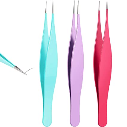 3 Pieces Tweezers for Ingrown Hair Stainless Steel Pointed Blackhead Remover Precision Eyebrow and Splinter Removal Tweezers (Rose Red, Purple, Blue)