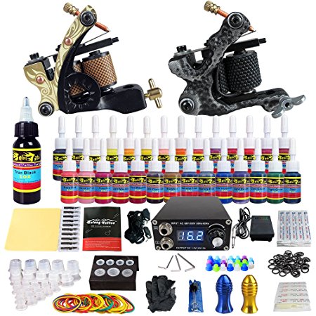 Solong Tattoo Complete Tattoo Kit 2 Pro Machine Guns 28 Inks Power Supply Foot Pedal Needles Grips Tips TK222