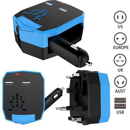 FOGEEK Worldwide Travel Adapter w/ CAR CHARGER : International Plug [US UK EU AU] with Dual USB Charging Ports, Car Charger Safety Fused Charger for Mobile/Tablet/Camera/Laptop in 150  Countries