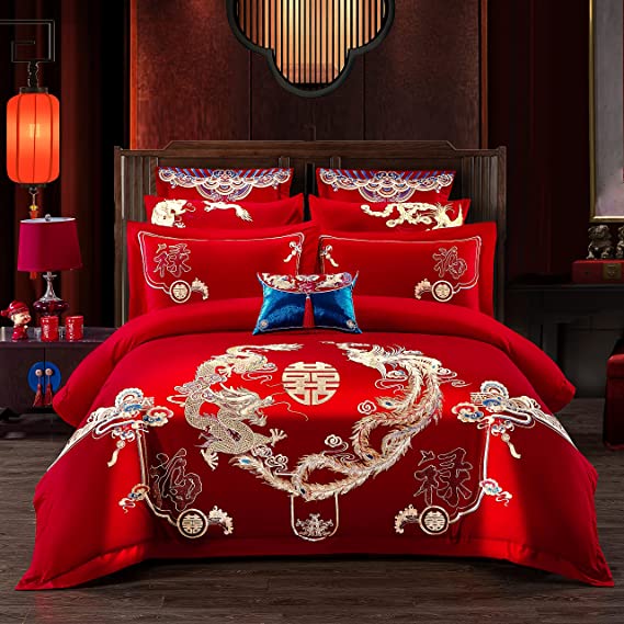 EsyDream Red Wedding Bedding Dragon and Phoenix Embroidery Chinese Wedding Bedding Set 100S Long-Staple Cotton Luxury Couple Wedding Duvet Cover（Color 1 King,10PC/Set