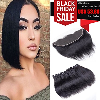 Brazilian Virgin Hair Straight With Lace Frontal Human Hair 3 Bundles With Lace Frontal Closure Ear to Ear Unprocessed Short Human Hair Weaves 50g/pc(10 10 10 Frontal 8)