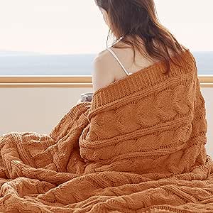 Bedsure Cable Knitted Twin Blanket for Couch, Chenille Chunky Knit Blanket - Soft and Cozy Twin Blanket for Winter, Orange, 60" x 80"