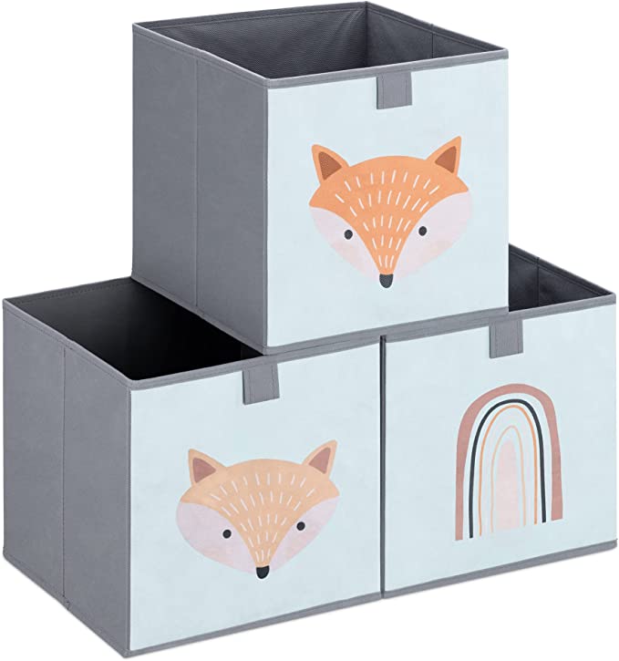 Navaris Kids Storage Cubes (Set of 3) - Storage Boxes 11x11x11 with Animal Designs - Children's Cube Bins Fabric Organizer Bin - Green Fox