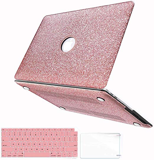 MacBook Air 13 Inch Case 2019 2018 Release A1932, 3 in 1 Glitter Smooth PU Leather Coated PC Hard Case with Keyboard Cover & Screen Protector Compatible for Mac Air 13 with Retina & Touch ID